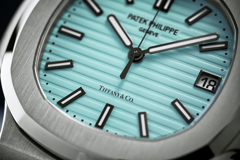 A close up on the dial of the Tiffany-Blue Nautilus 5711