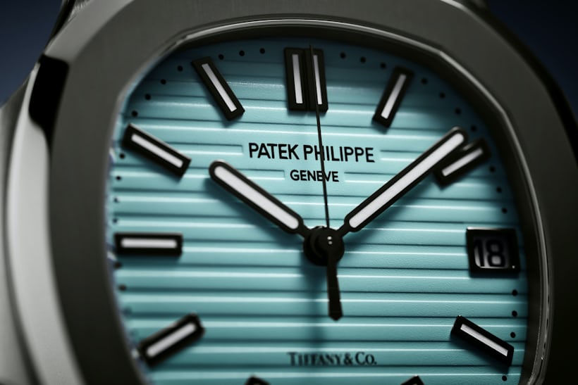 A close up of the dial on the Tiffany-Blue Nautilus 5711