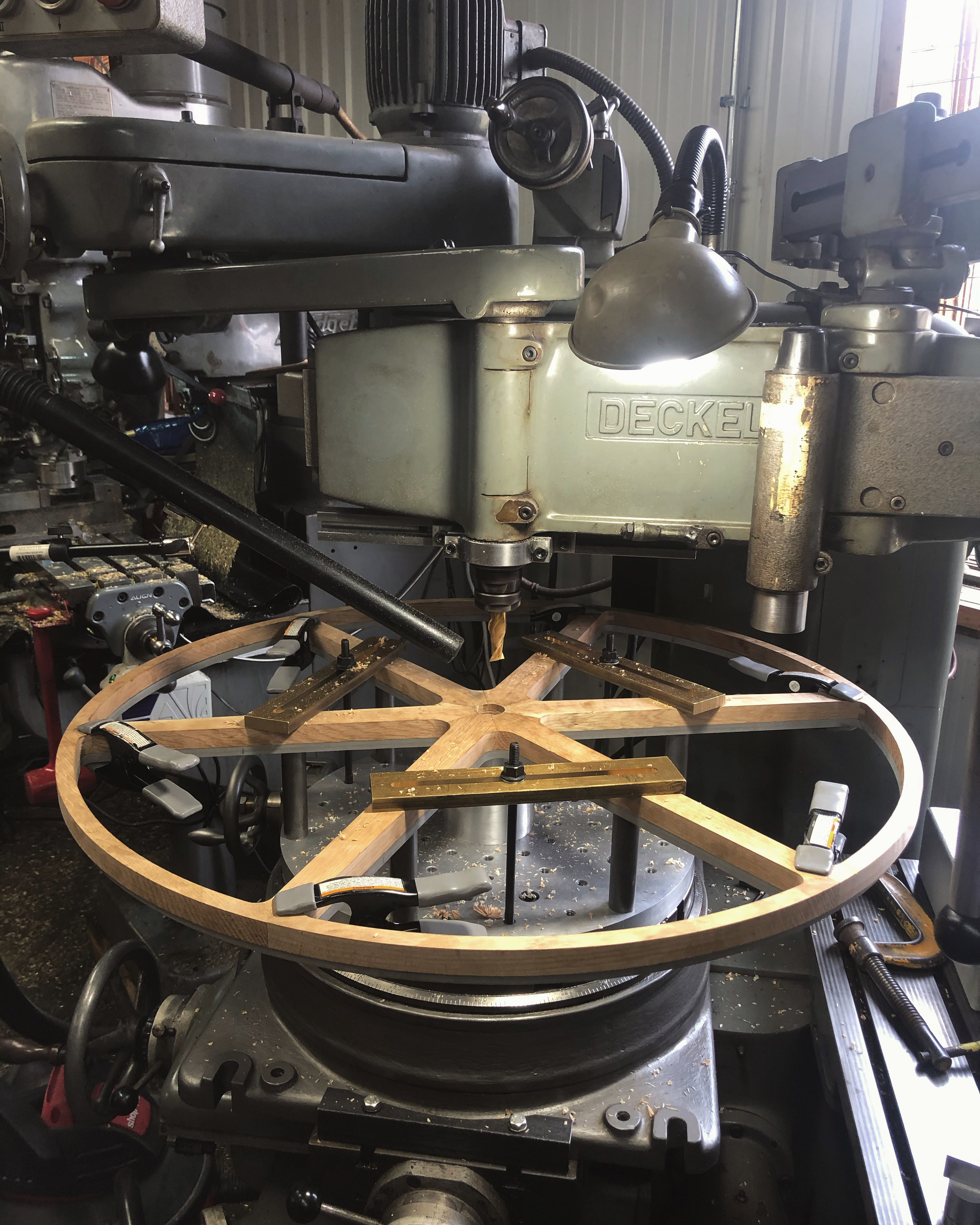 Boring and turning a large wheel.