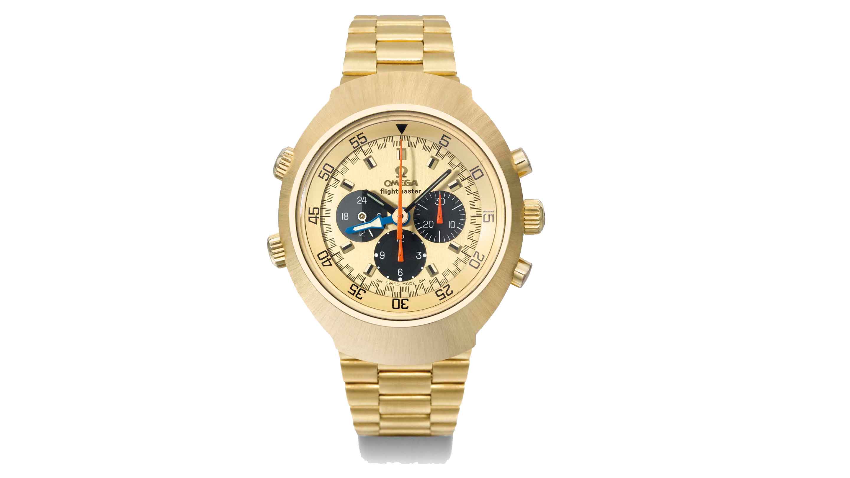 Grails: オメガ フライトマスター 空の高みへ：70年代の金無垢の