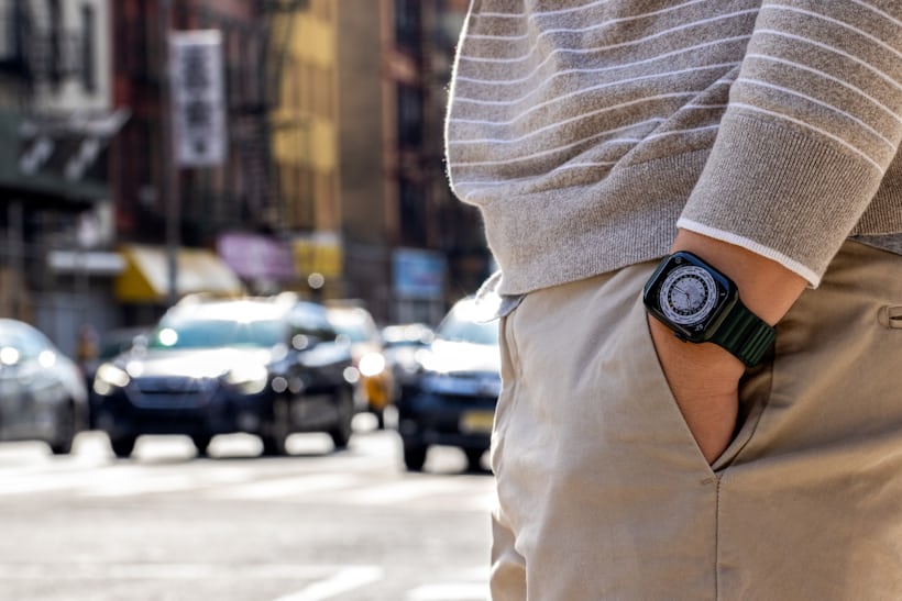 The Apple Watch Series 7 worn by a male model on the streets of New York