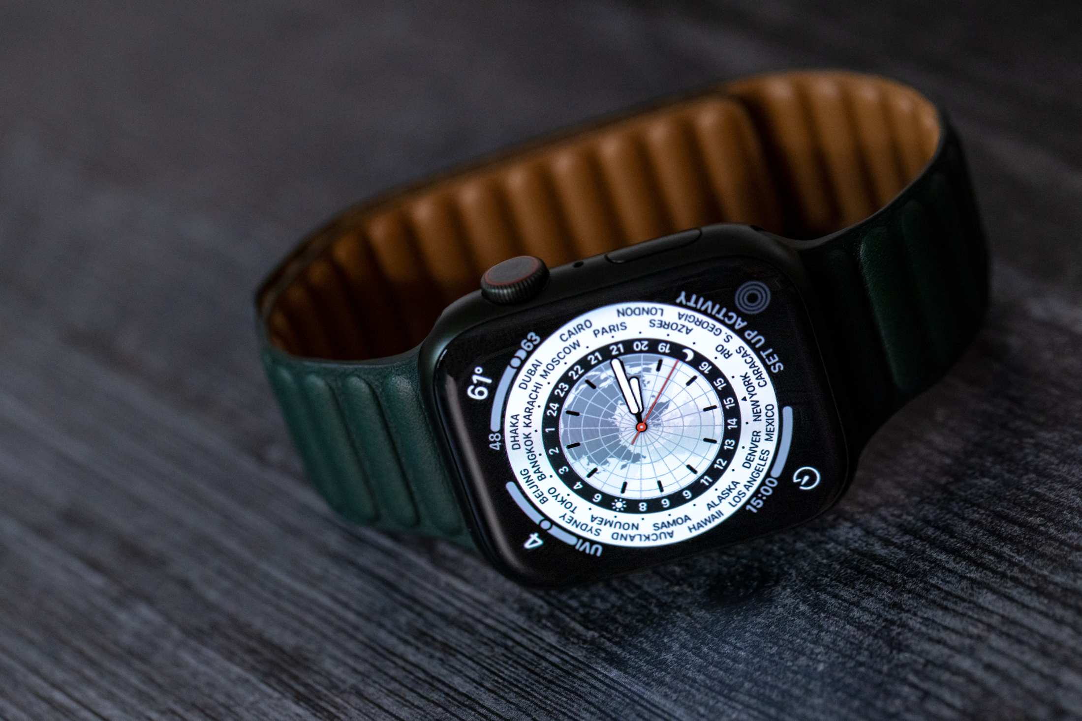 The Apple Watch Series 7, leather strap with magnetic closure, with world time face