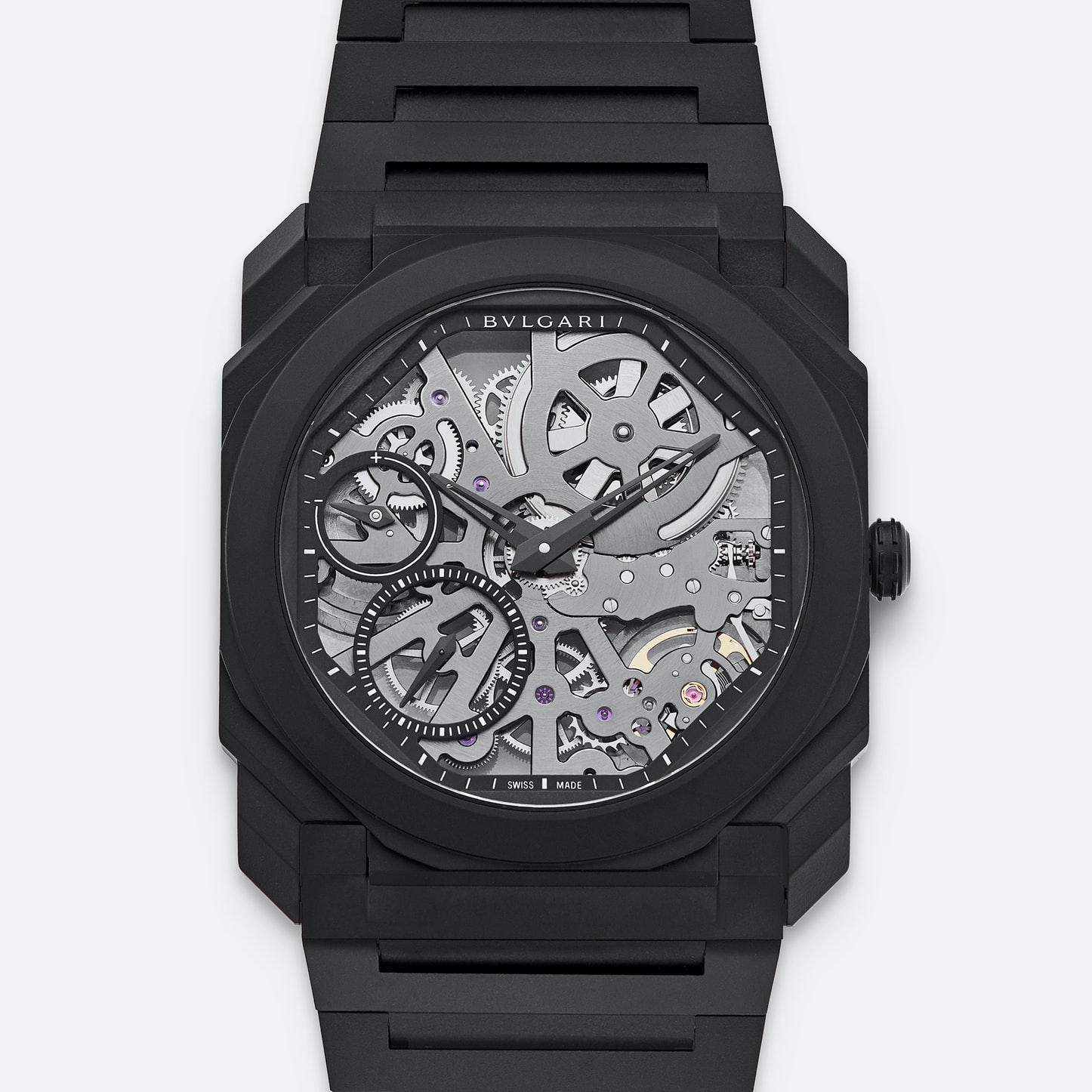 Black Bulgari Octo Finissimo watch on a white background 