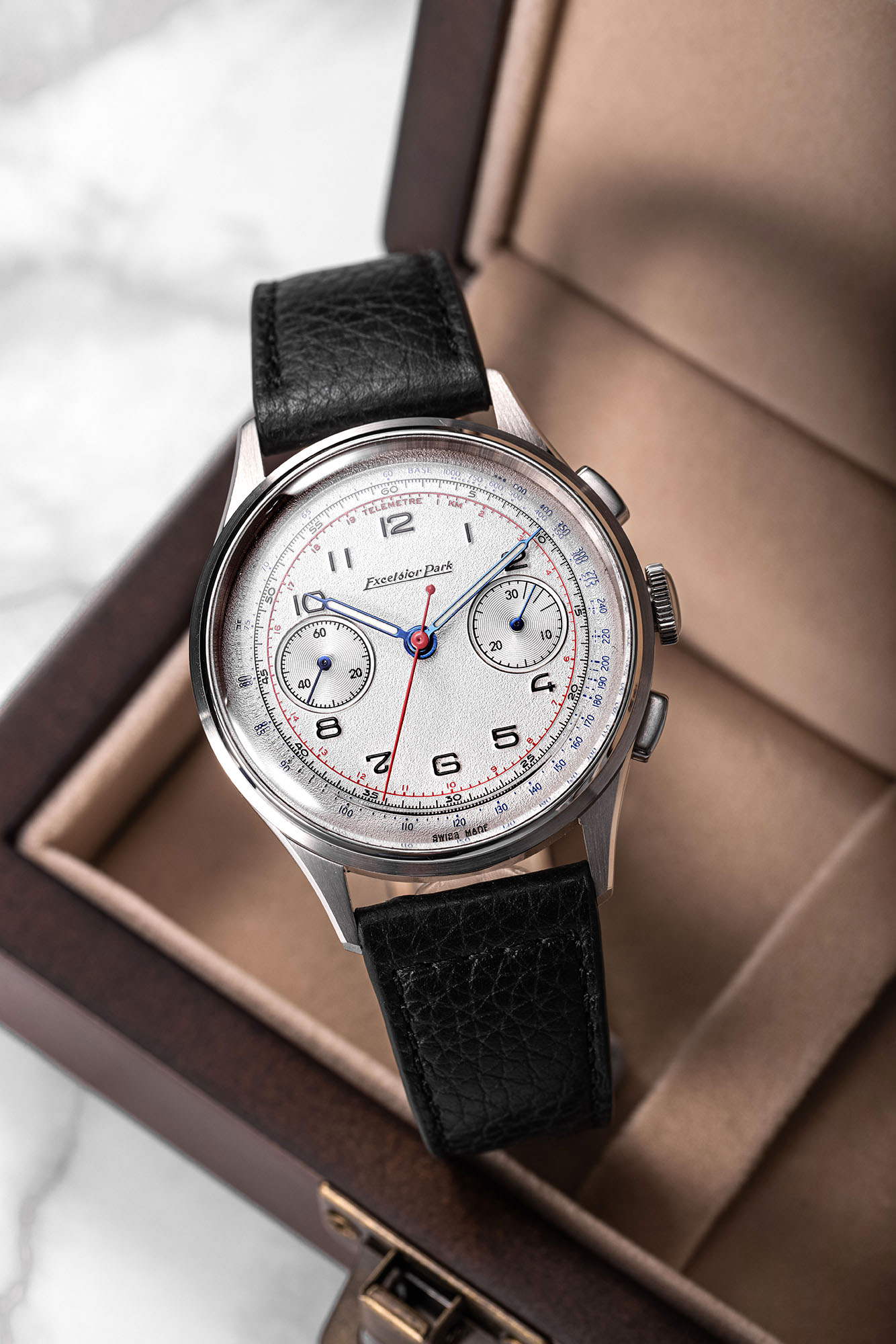 Excelsior Park Chronograph White Dial Black Strap on a watch box