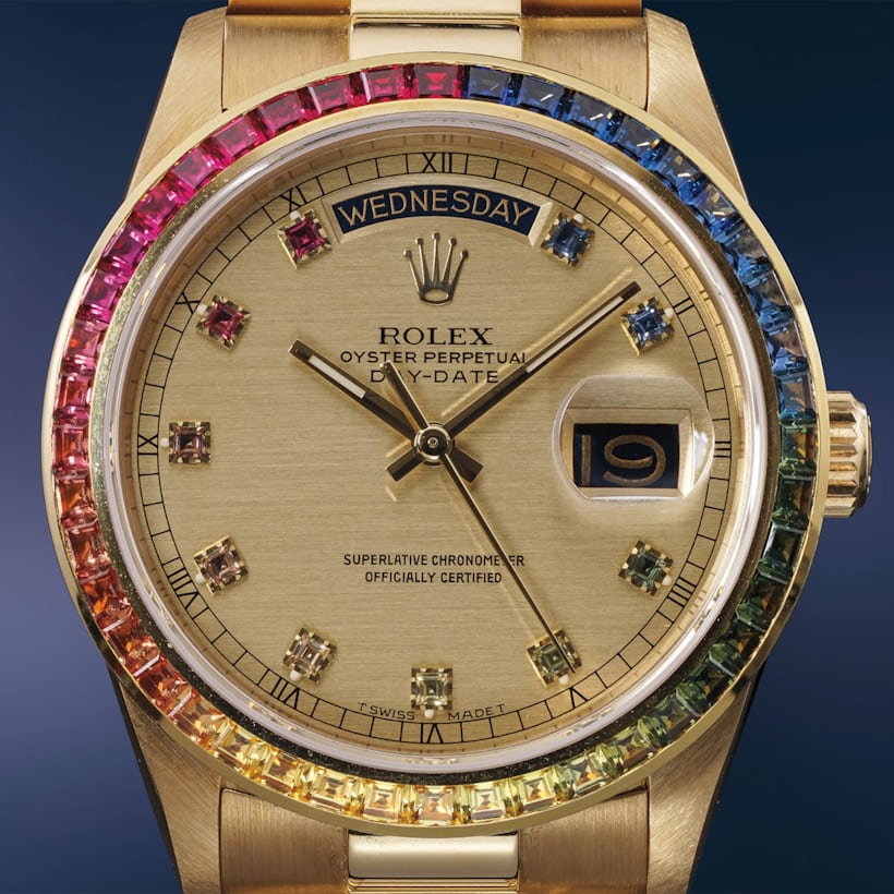 Rolex ref. 18508 Rainbow Day-Date, possibly unique, Phillips Geneva Watch Auction XIV