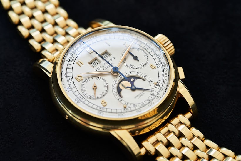 Ref. 2499 Patek Philippe Perpetual Calendar Chronograph on aftermarket gold bracelet, Phillips Geneva Watch Auction XIV