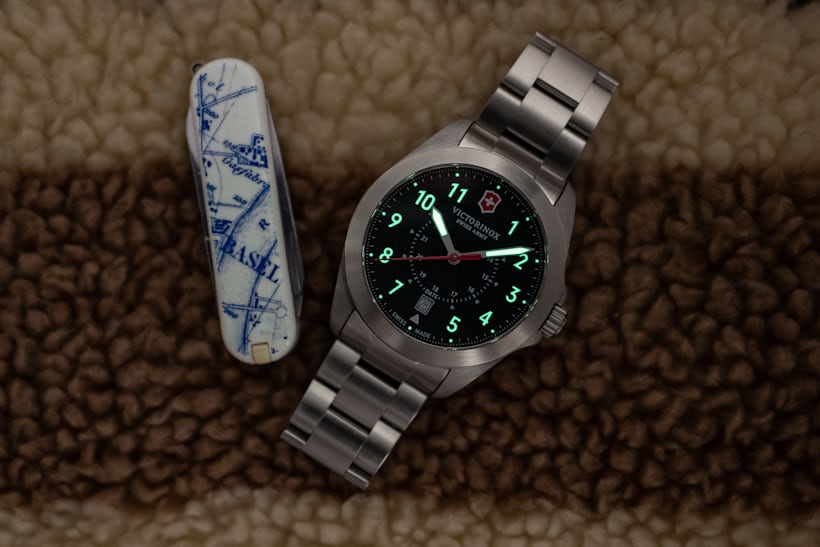 A lume shot of the Victorinox Heritage
