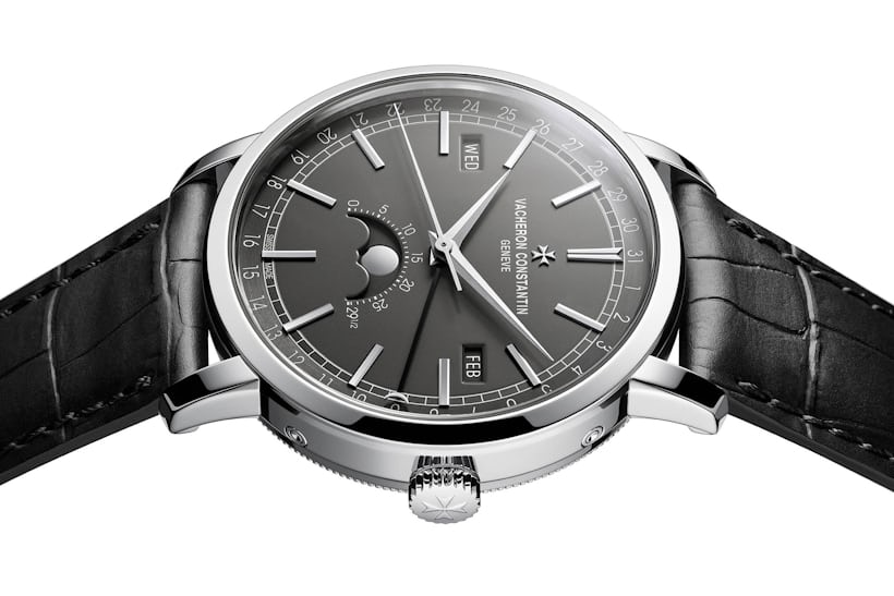 Vacheron Constantin Traditionnelle Complete Calendar in white gold, 3/4 side view, showing case flank and winding crown