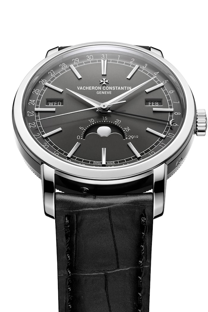 Vacheron Constantin Traditionnelle Complete Calendar in white gold, angled view showing dial, and correctors for date indications in the case flank