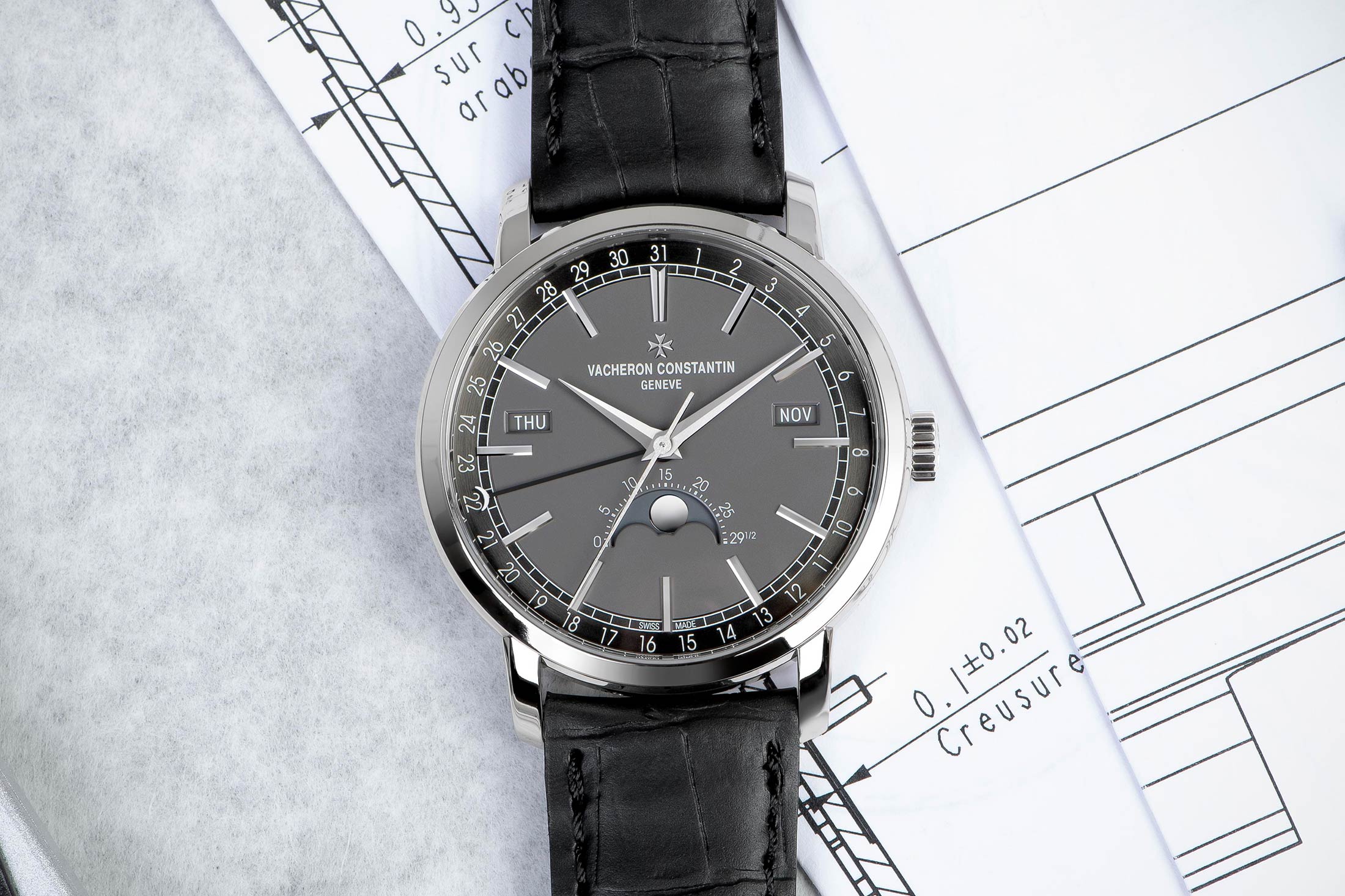 Vacheron Constantin Traditionnelle Complete Calendar in white gold, dial view