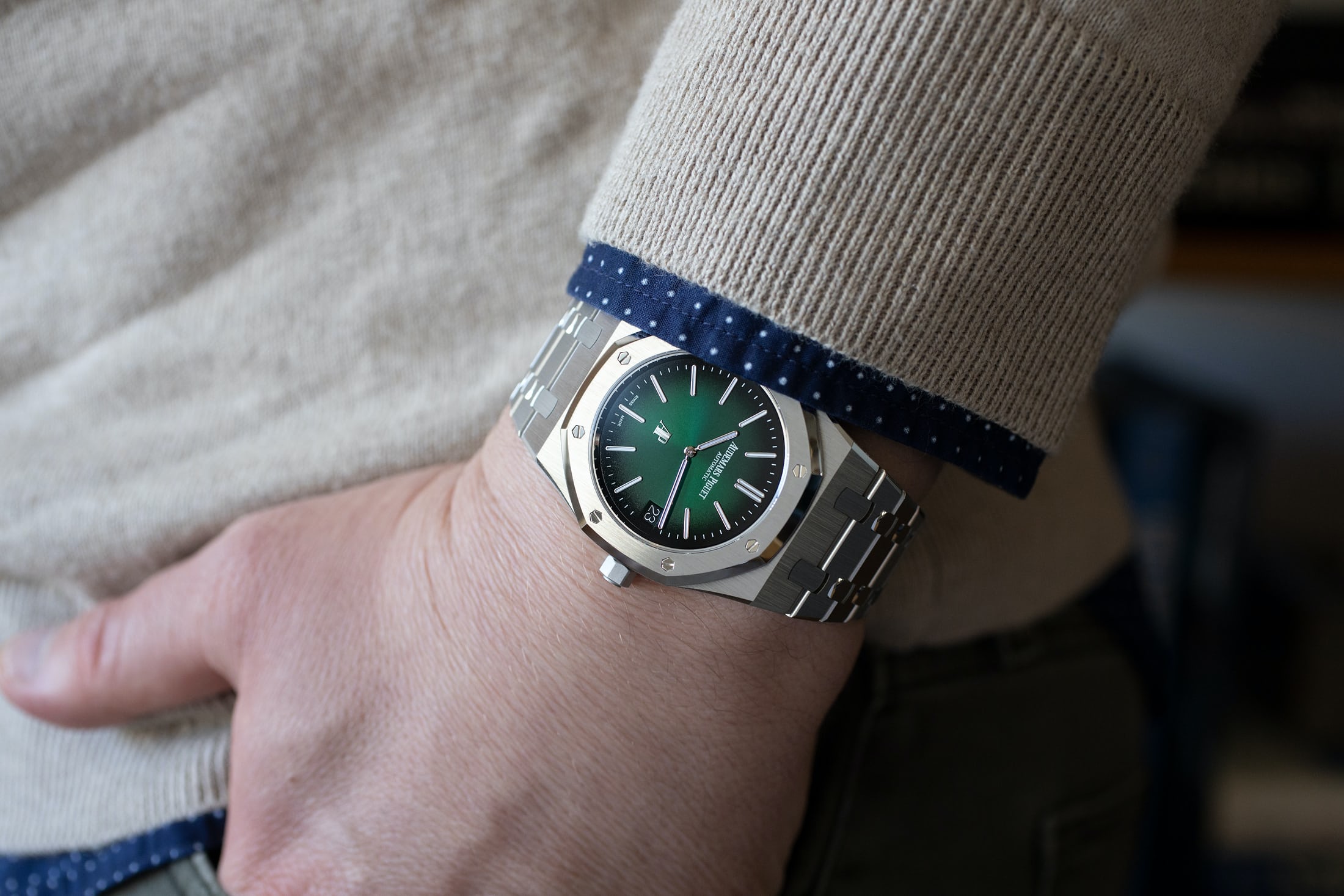 Wrist shot of the Audemars Piguet Royal Oak 15202PT "Jumbo"