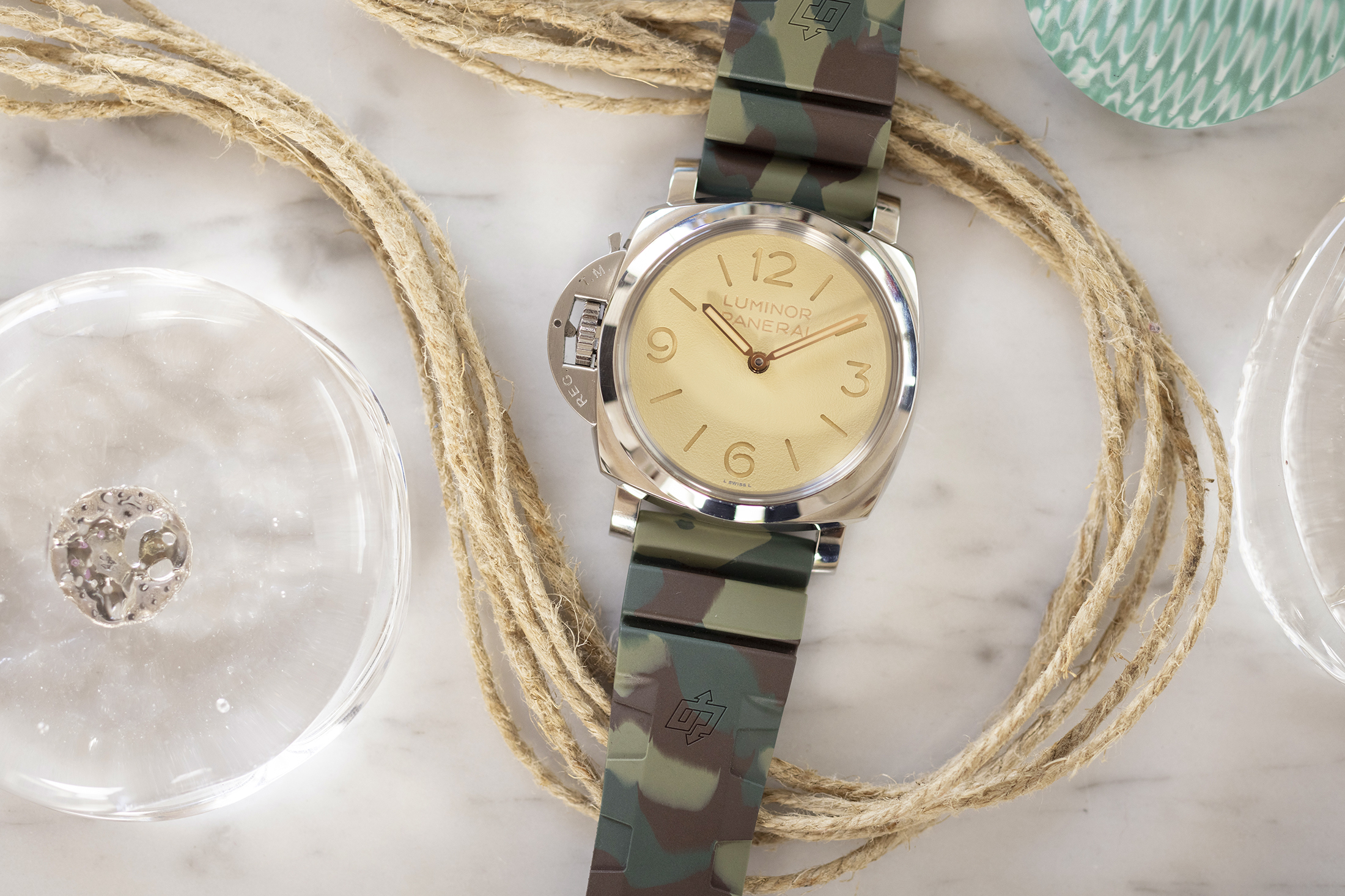 A Panerai PAM 1075 Destro on a camouflage strap