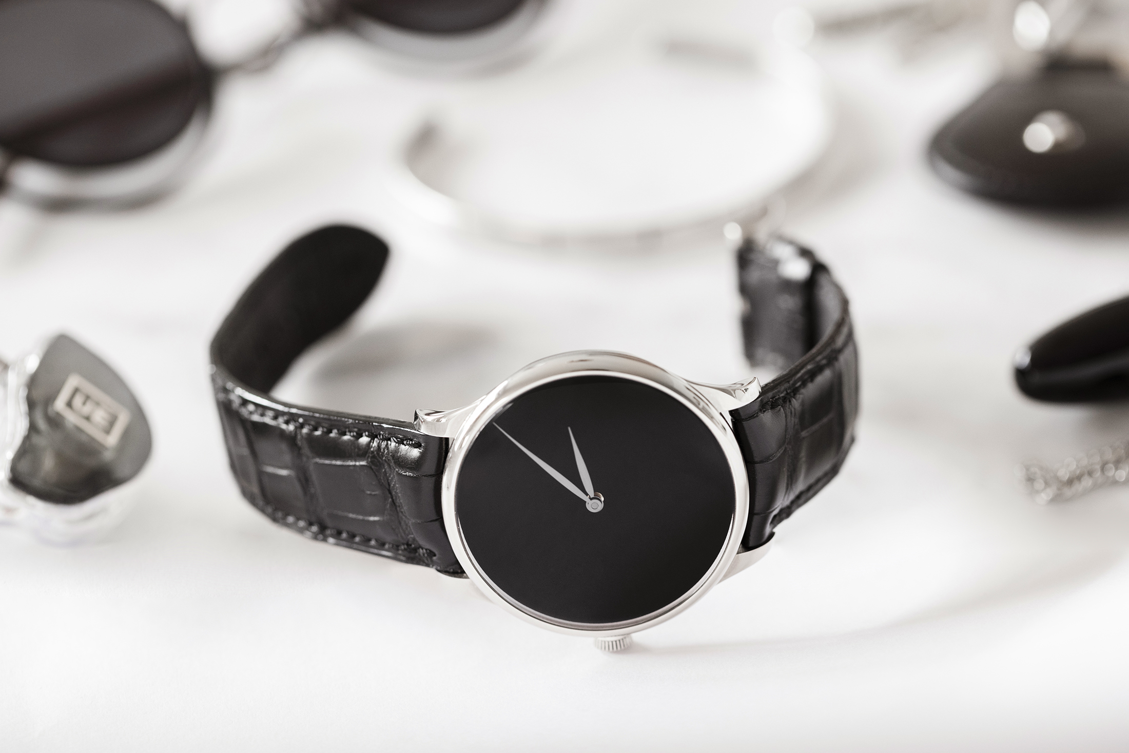 An H. Moser Venturer Vantablack on a table