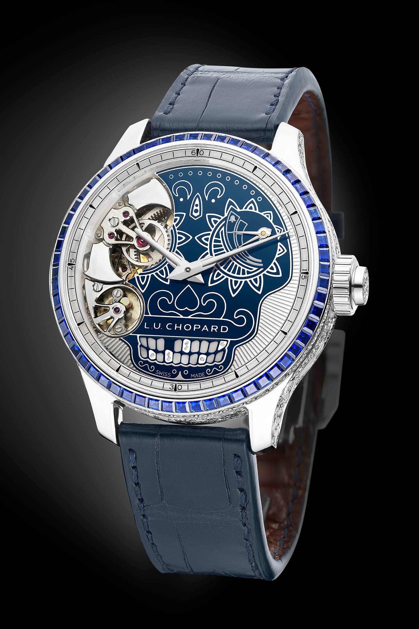 The skull-motif dial of the Chopard LUC Full Strike Dio De Los Muertos Minute Repeater