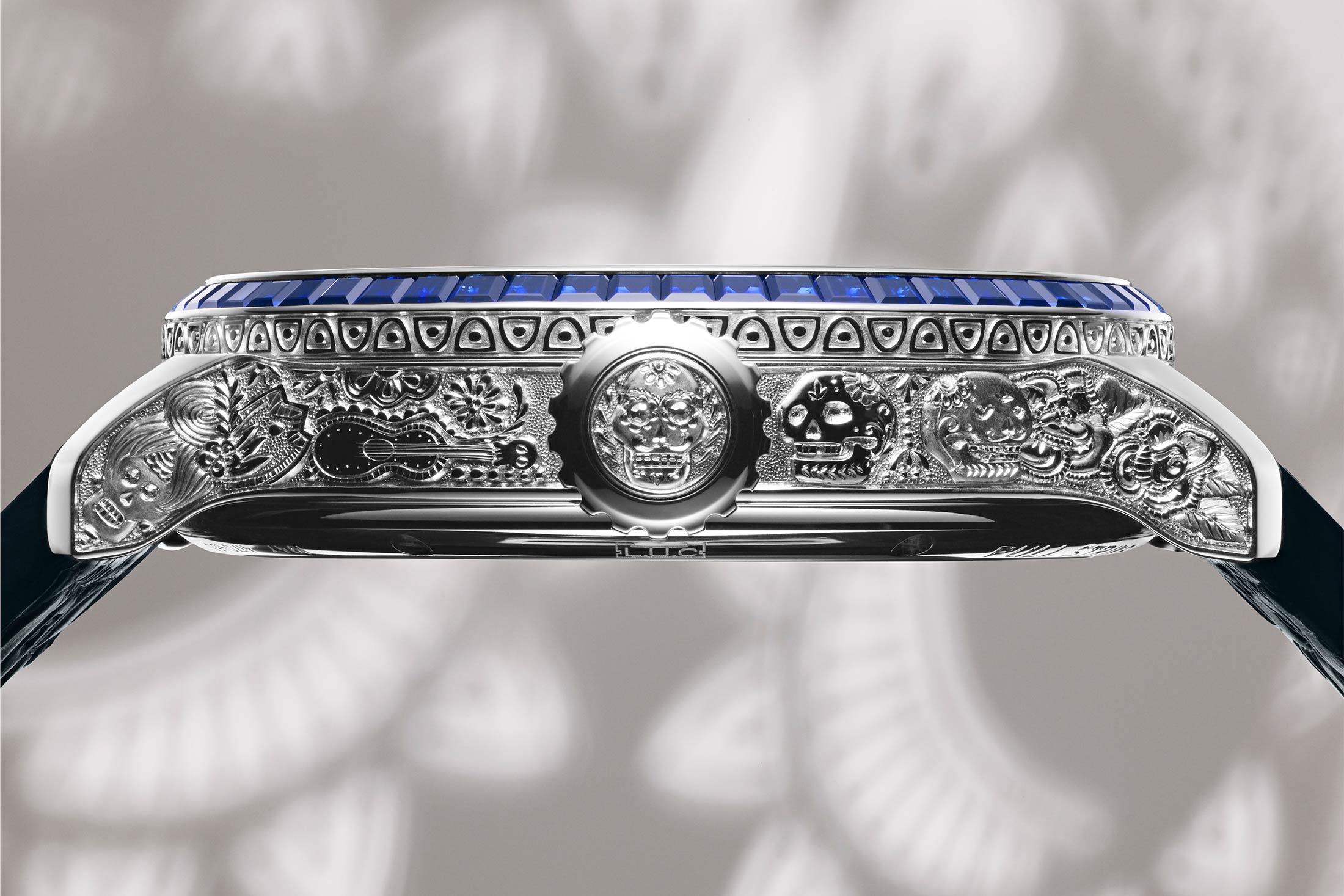 Engraved case flank of the How They Made It: The Chopard LUC Full Strike Dio De Los Muertos Minute Repeater