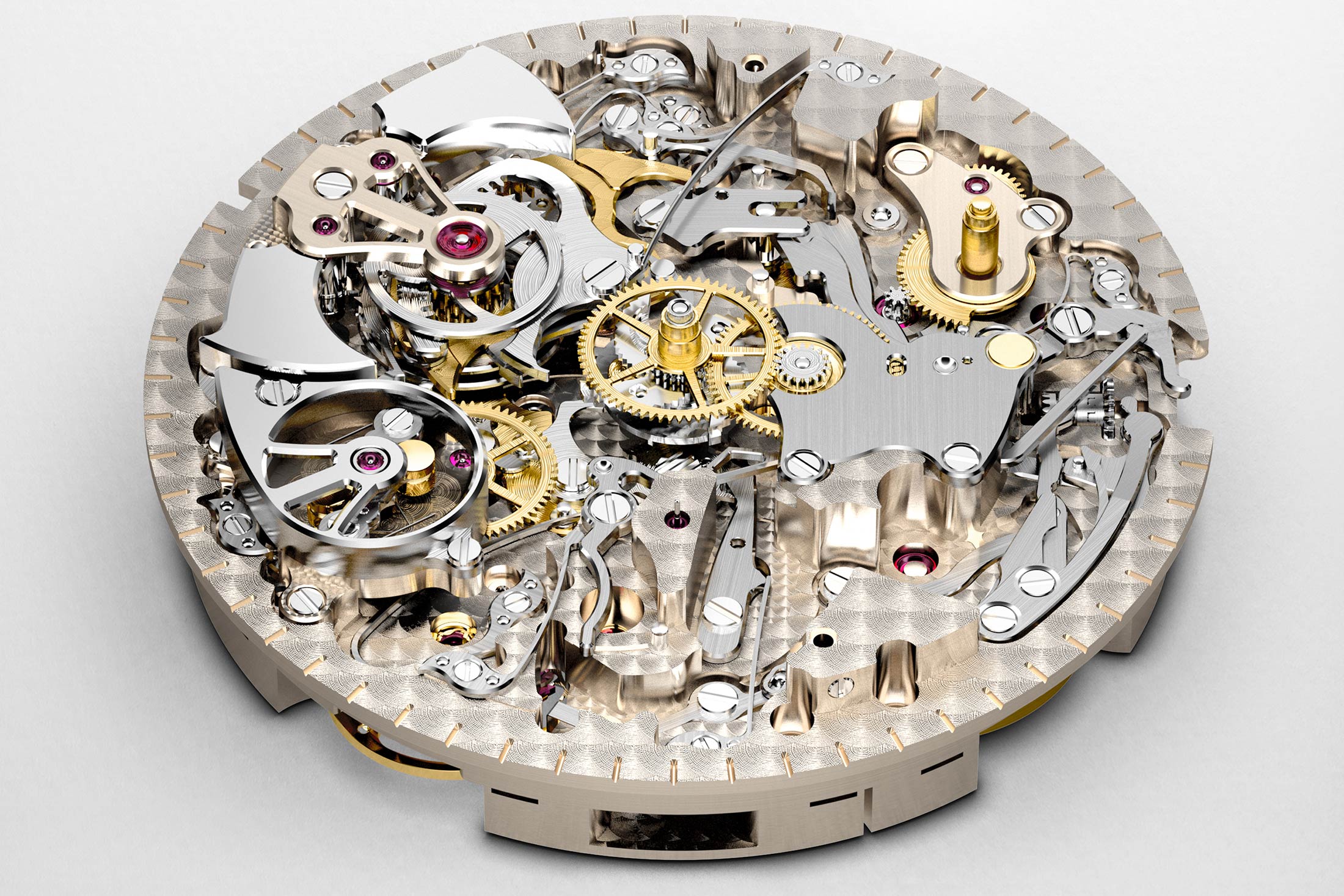 Repeater mechanism, assembled into the movement, dial side.