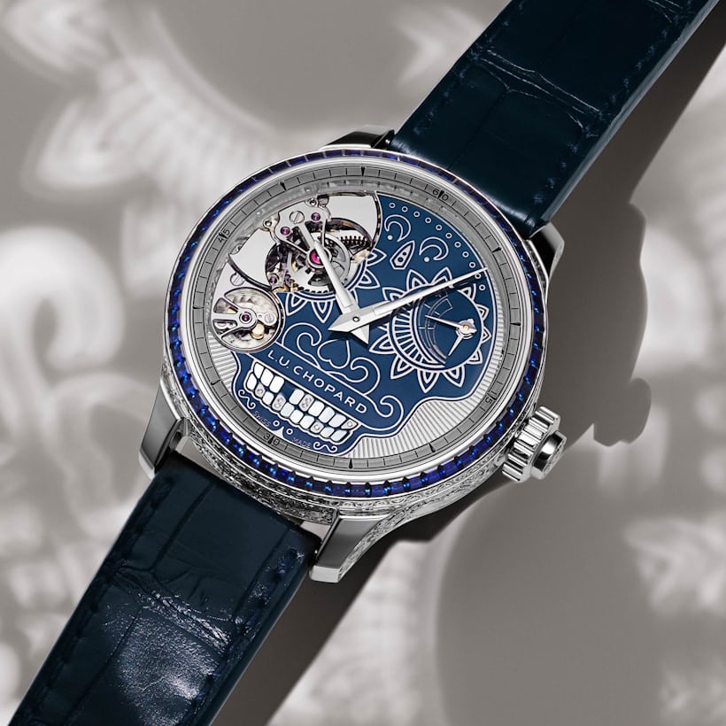 Styled studio photo, dial side of the How They Made It: The Chopard LUC Full Strike Dio De Los Muertos Minute Repeater