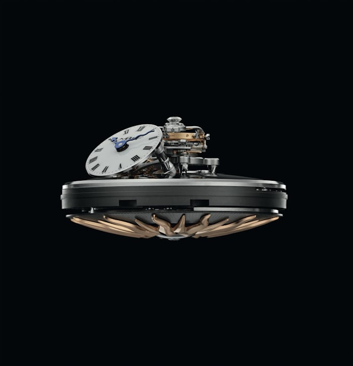 MB&F X Bulgari Legacy Machine Flying T 'Allegra' movement, side view showing vertical orientation of components