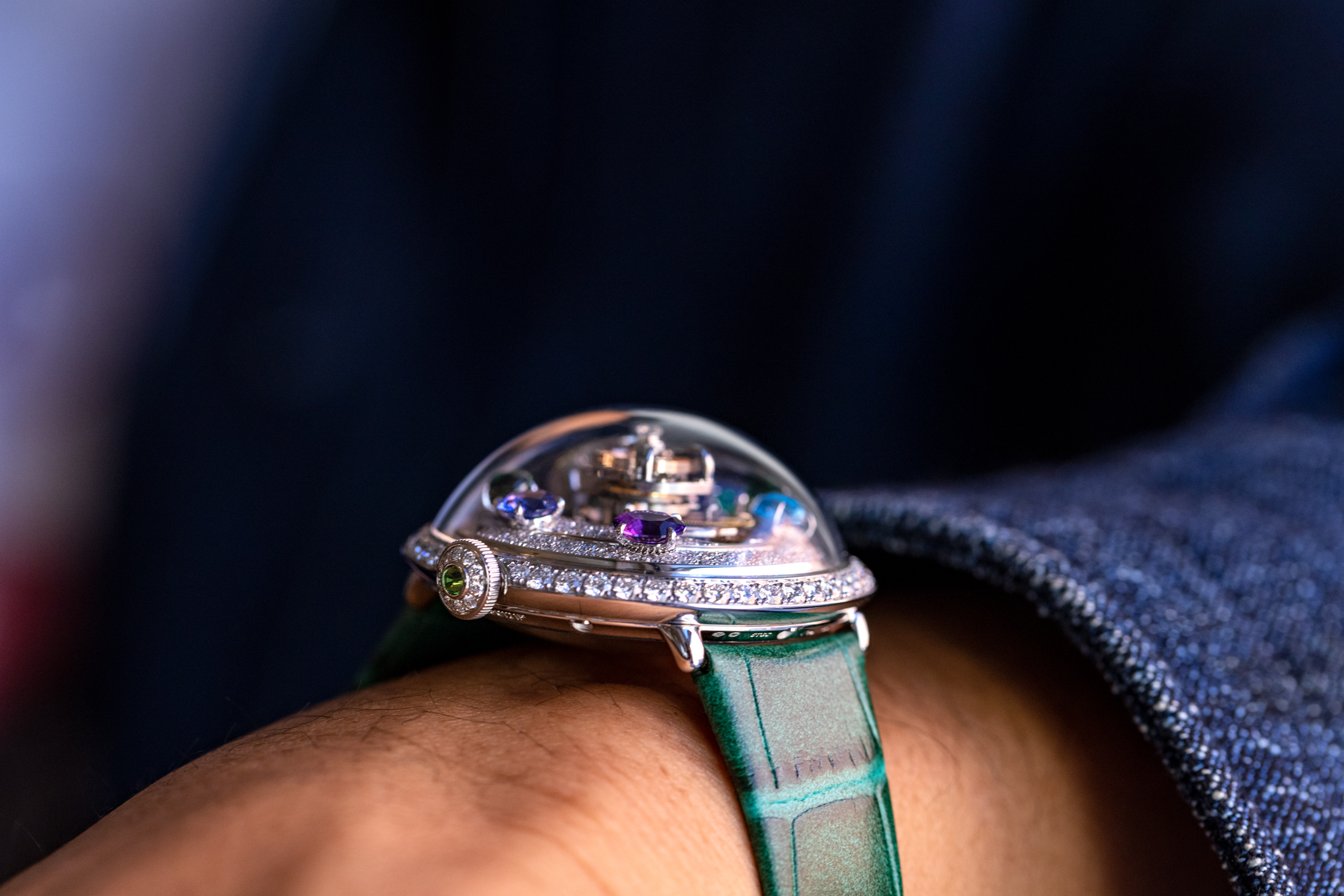 MB&F X Bulgari Legacy Machine Flying T 'Allegra' wrist shot, side view