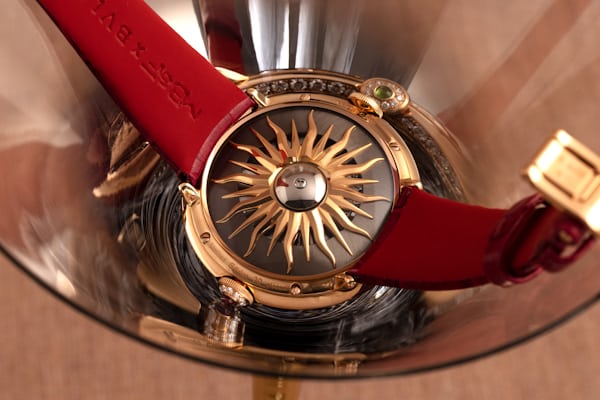 MB&F X Bulgari Legacy Machine Flying T 'Allegra' red gold, caseback, showing sun motif rotor