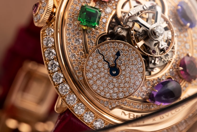 MB&F X Bulgari Legacy Machine Flying T 'Allegra', closeup of offset dial and hands