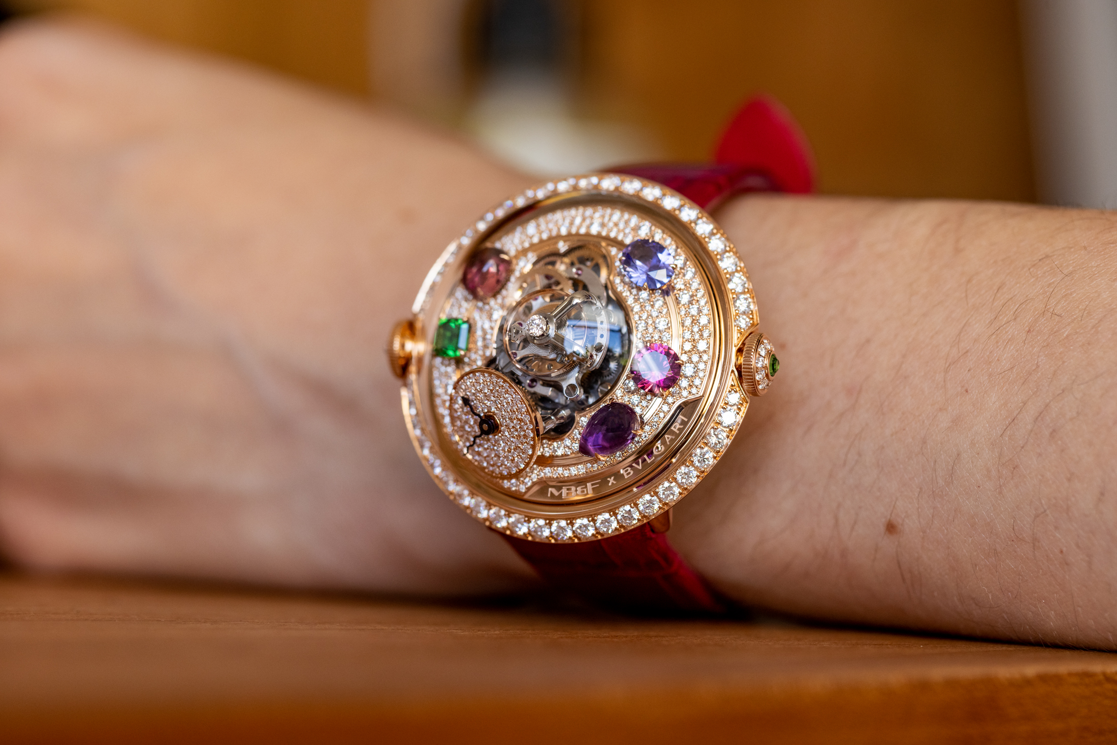 MB&F X Bulgari Legacy Machine Flying T 'Allegra' red gold on wrist 