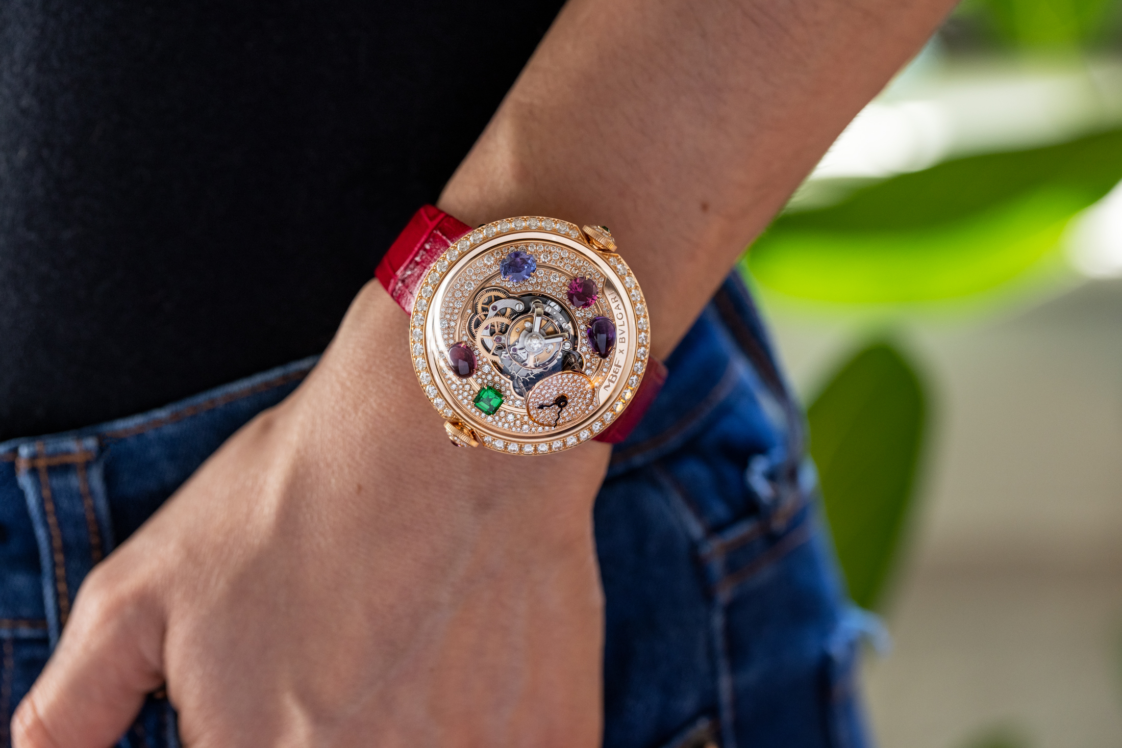 MB&F X Bulgari Legacy Machine Flying T 'Allegra' red gold, on model's wrist