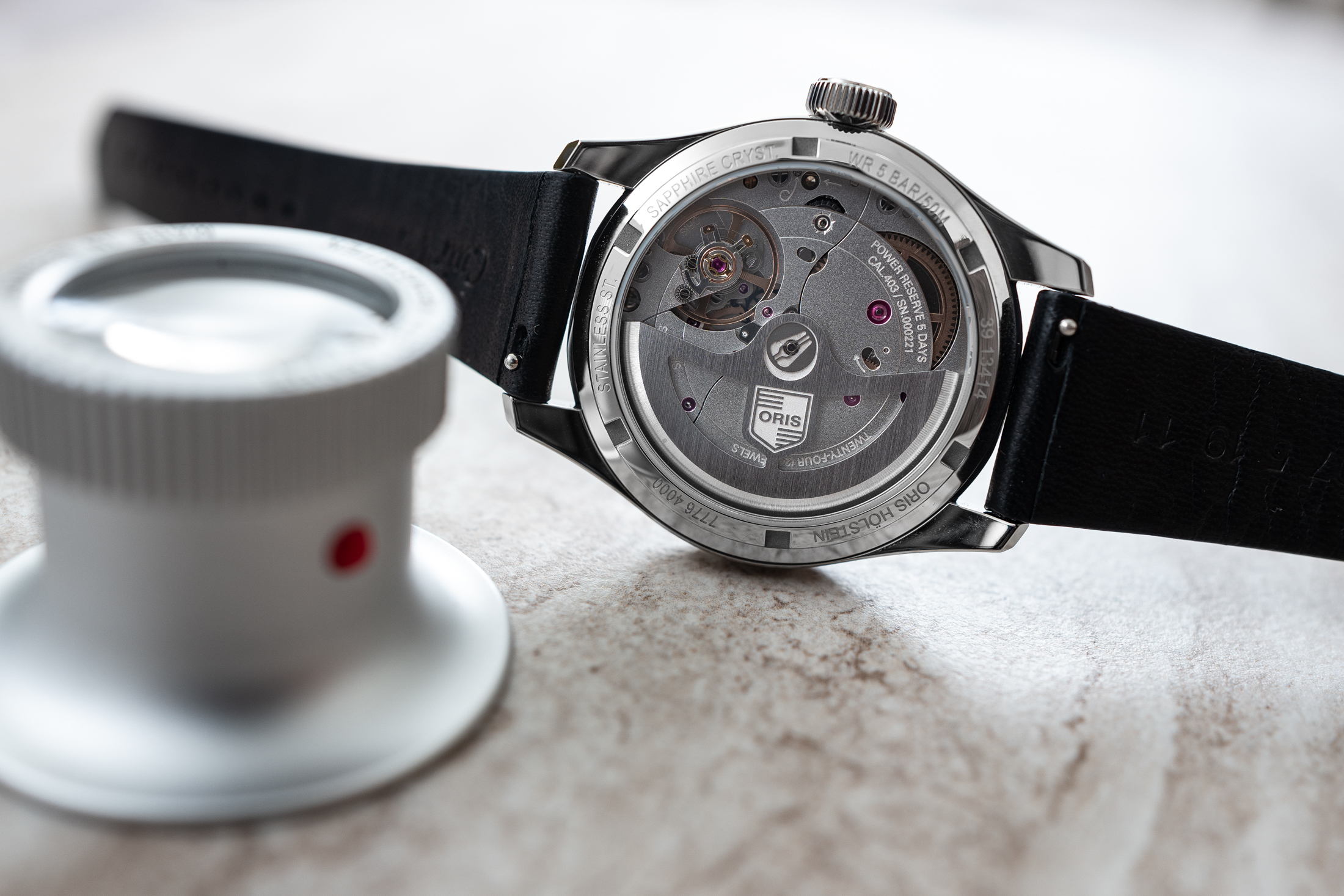 The caseback of an Oris BC 403