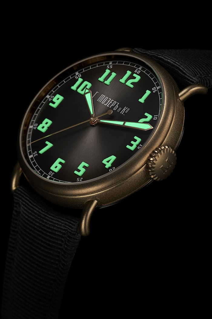 An H. Moser watch in the dark with lume