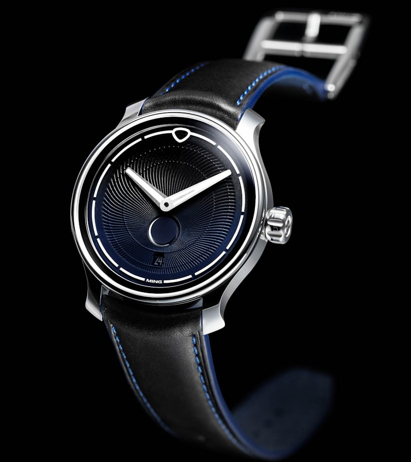 The Ming 37.05 Moonphase Date, dial shot showing metal dial texture