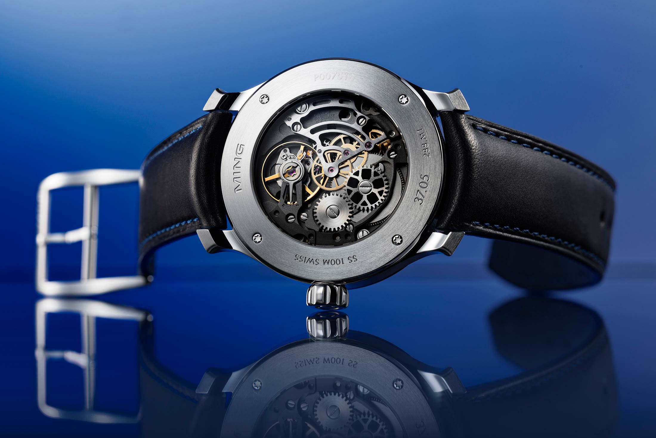 The Ming 37.05 Moonphase Date, movement seen through caseback