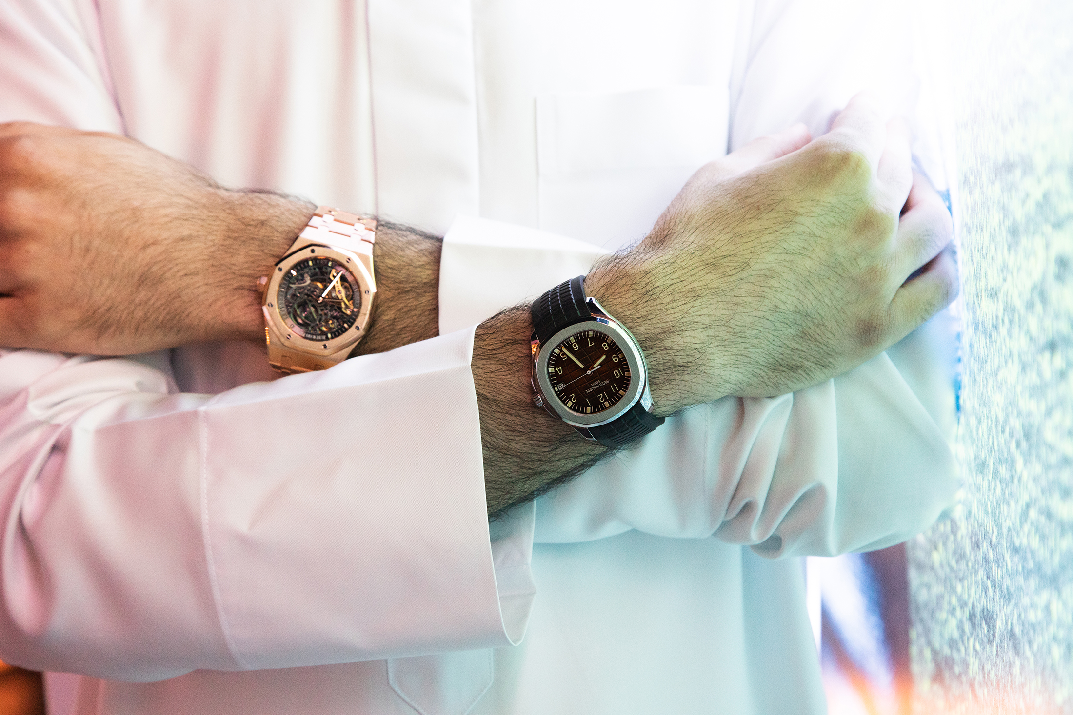 Sultan wearing UAE Audemars Piguet Royal Oak Open worked Rose gold Skeleton and Patek Phillippe Aquanaut 5167