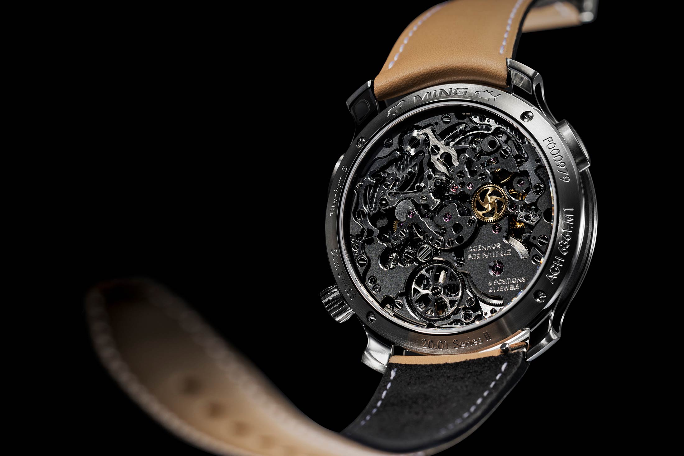 Ming 20.01 Series 2, view through transparent caseback of Agengraphe movement