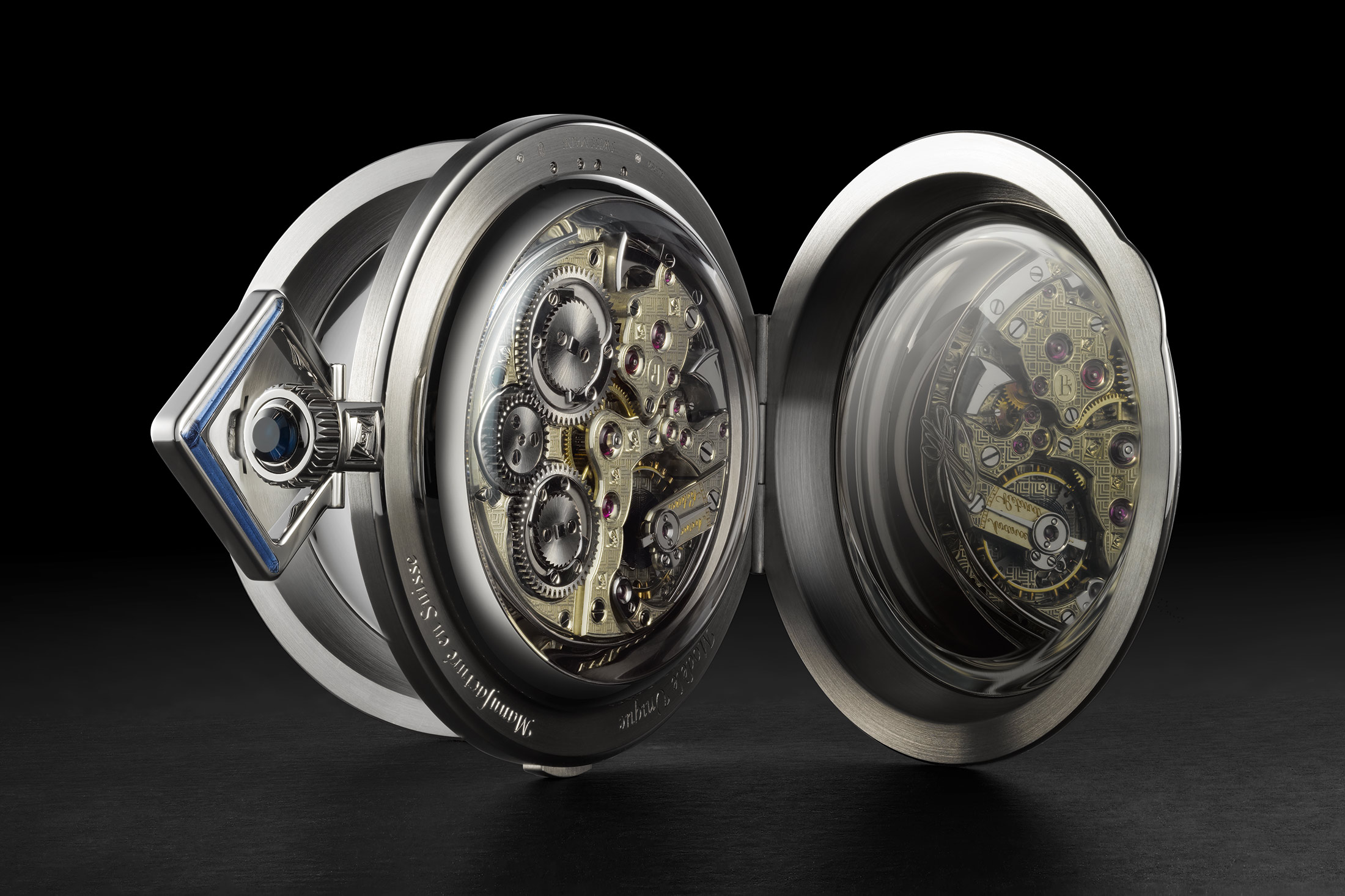 La Rose Carrée pocket watch, covers open, showing movement