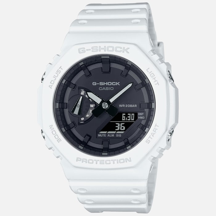 A white G-Shock watch on a white background