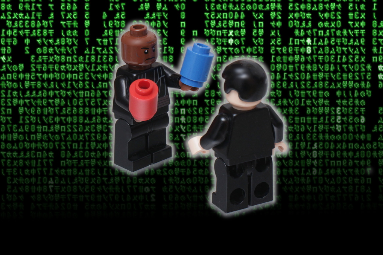 A lego version of the famous red pill vs. blue pill discussion that takes place between Morpheus (Laurence Fishburne) and Neo (Keanu Reeves) in "The Matrix."