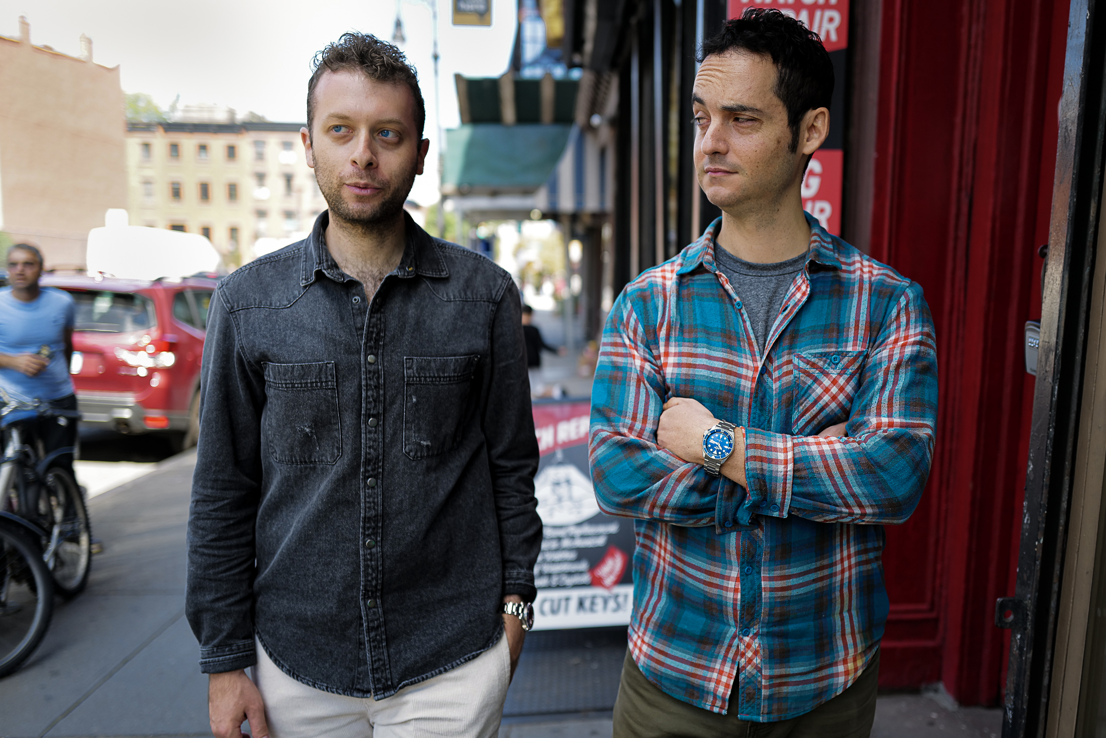 The author and Jon Barr outside a watch repair shop