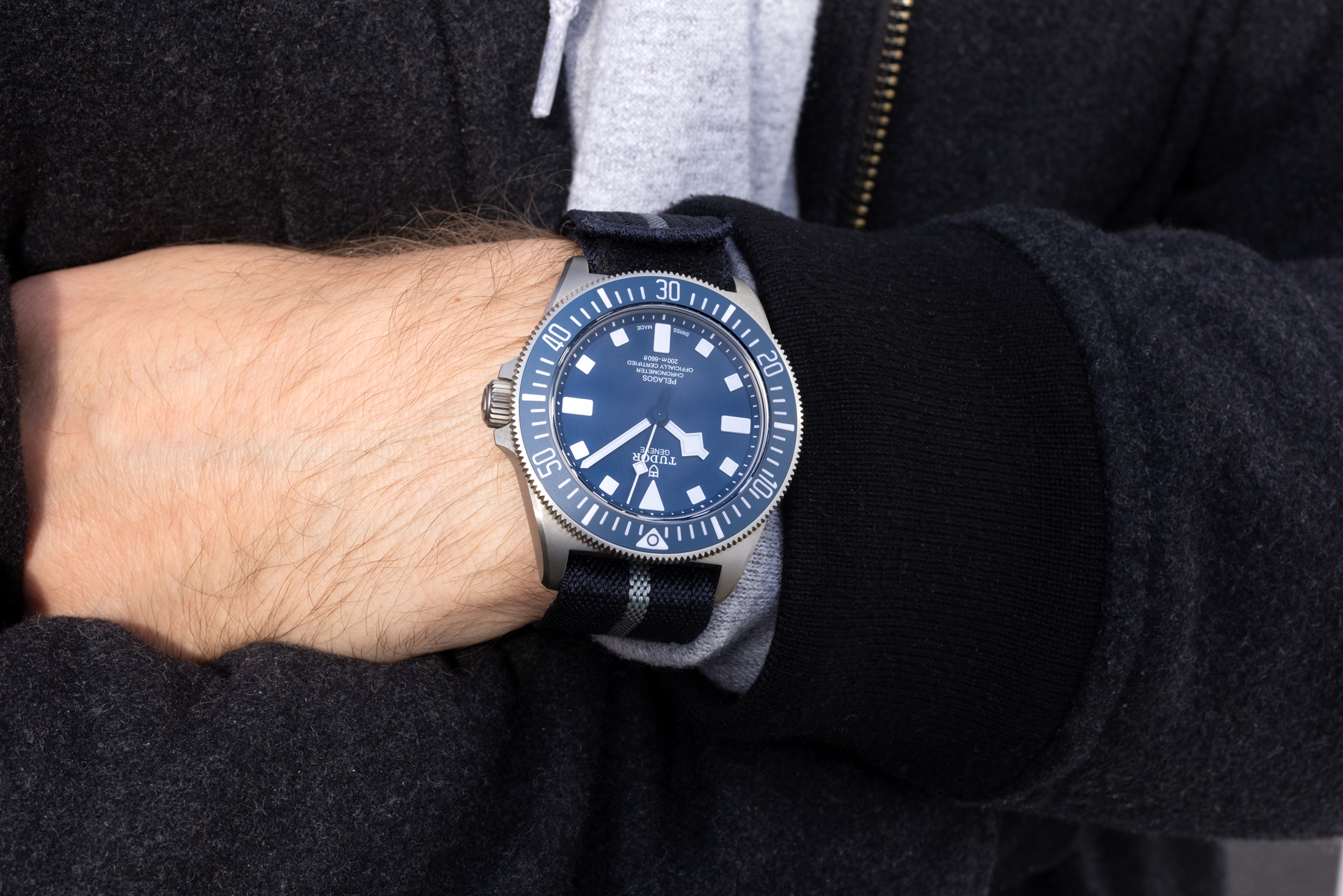 Tudor Pelagos FXD on model's wrist