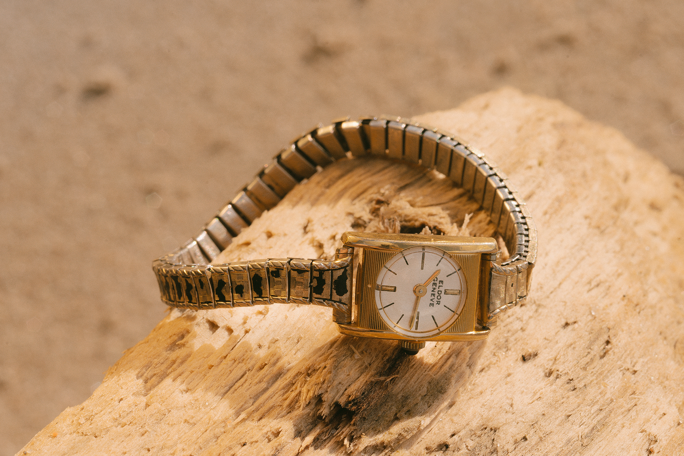An Eldor watch on a piece of wood