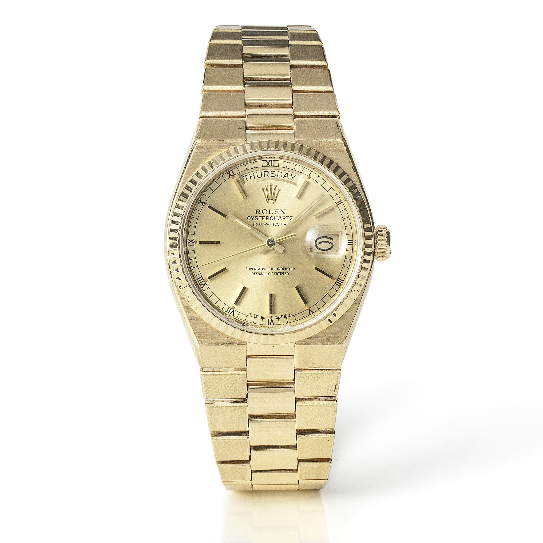 A soldier shot of a Rolex Oysterquartz owned by Michael Caine and up for sale at Bonhams in March 2022.