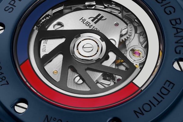 A caseback image of the Hublot Big Bang Camo Texas showing the red, white, and blue rotor