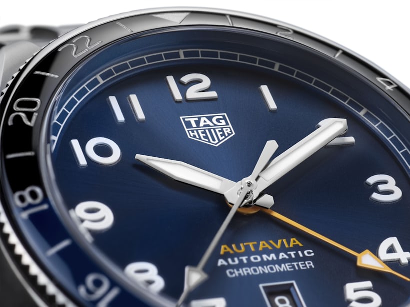 A macro three-quarter image of the A soldier image of the TAG Heuer Autavia GMT