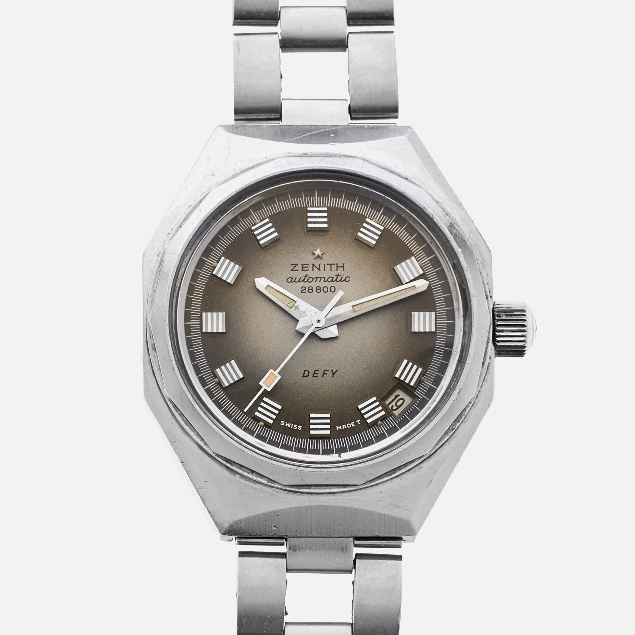 A soldier shot of a vintage Zenith Defy wristwatch.