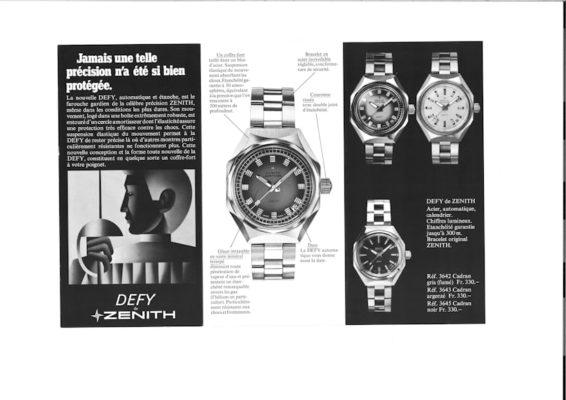 A vintage advertisement for Zenith Defy.