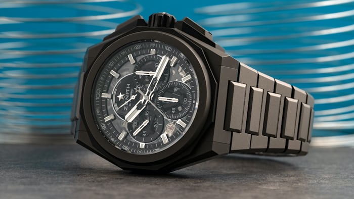 A Zenith Defy Extreme watch resting on its side. 
