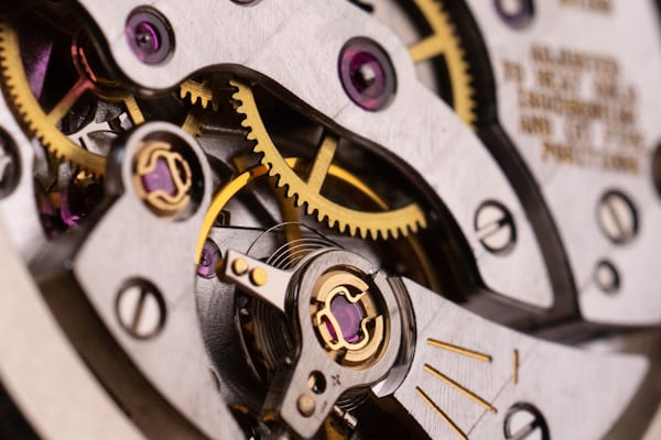 A close up on a movement of a Vacheron dress watch