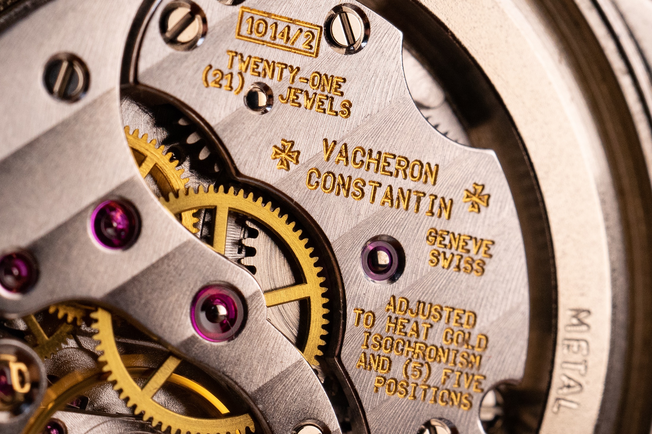 A close up on a movement of a Vacheron dress watch