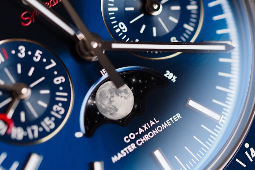 Dial closeup showing moon disk, Omega Speedmaster Moonphase Master Chronometer