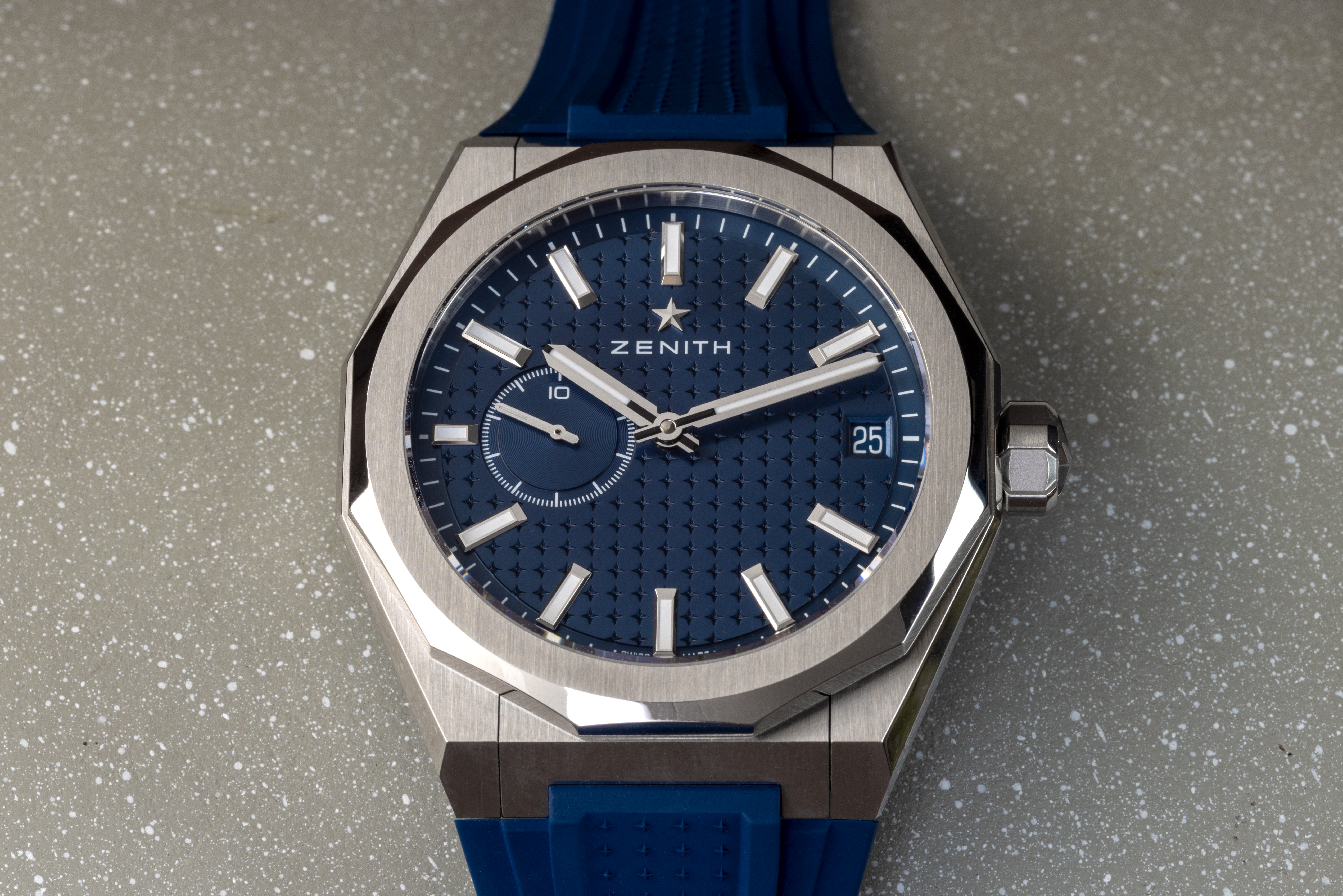 The Zenith Defy Skyline on a blue rubber strap.