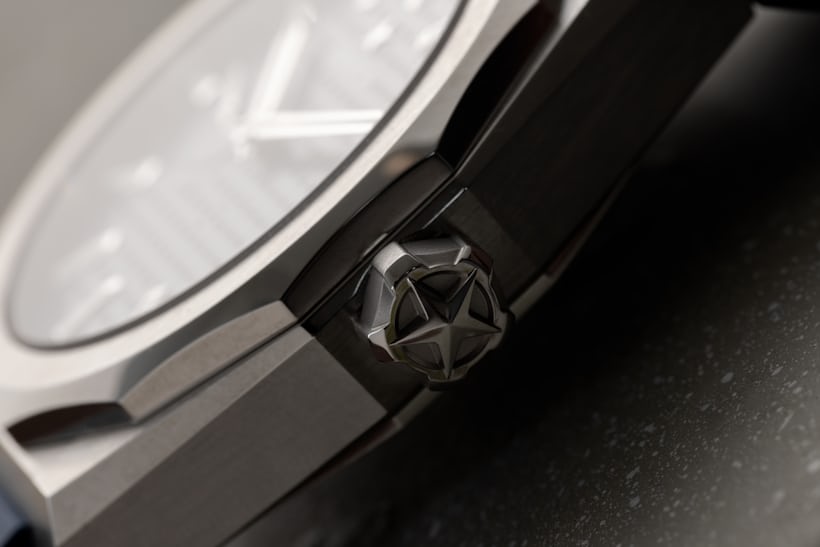A close-up on the side of the Zenith Defy Skyline's case.